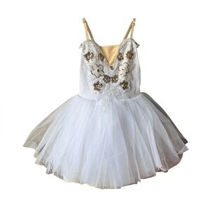 2/$10 😊 Elegant White and Gold Kids Ballet Dance Costume Sz S